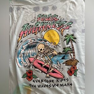Your Highness “Everyone Rides the Waves We Make” Skeleton Surfer Tie-Dye Tee— XL